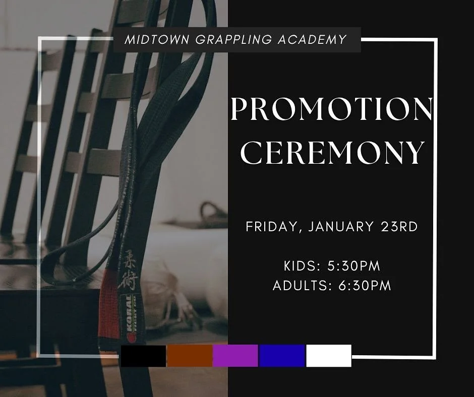 ⚡️Promotion Ceremony⚡️

Friday, January 23rd
Kid&rsquo;s Ceremony: 5:30pm
Adult&rsquo;s Ceremony: 6:30pm + open mat/celebration to follow!

Let&rsquo;s finish out 2025 strong 💪🏼 and kick off 2026 with some new stripes and belts!

🤍💙💜🤎🖤