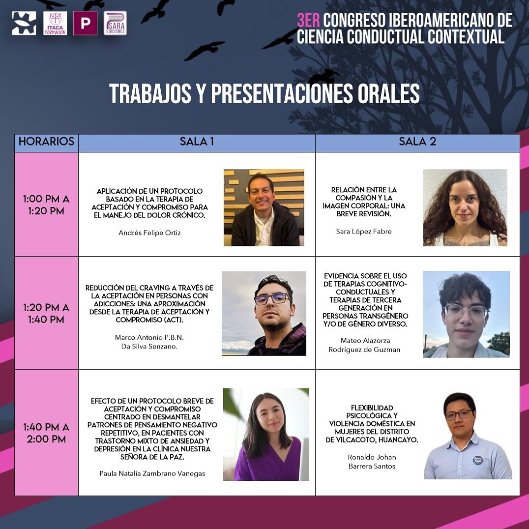 &iexcl;No te pierdas las Presentaciones Orales del 3er Congreso Iberoamericano de Ciencia Conductual Contextual!

📅 Fecha: 30 de noviembre 
🕐 Desde la 1:00 p.m. hasta las 2:00 p.m.
🎥 Acceso por 5 meses a las grabaciones
🗓 Explora tem&aacute;ticas