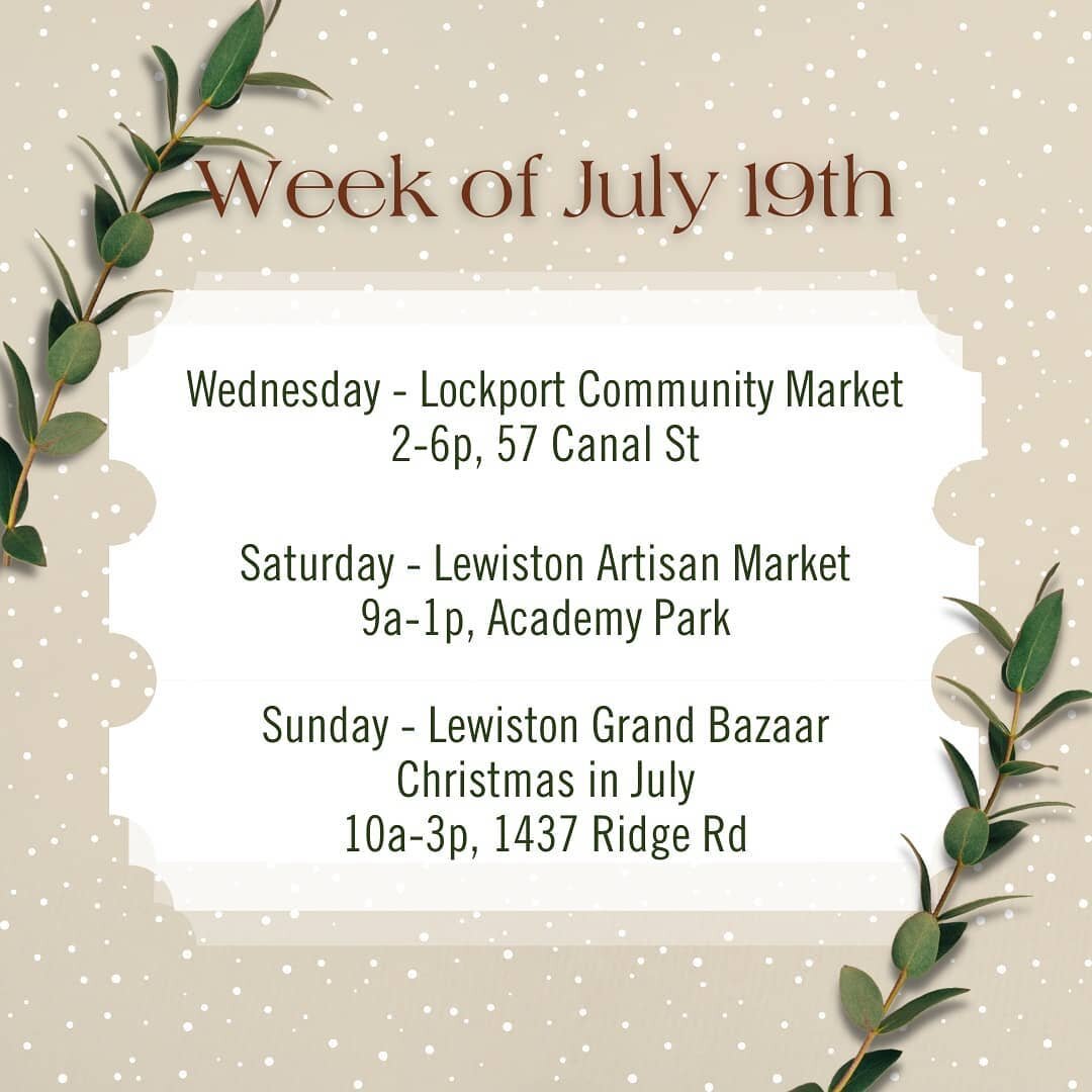We kick off this week with our first Wednesday market in Lockport then celebrate Christmas in July this weekend in Lewiston! Can't hurt to start your Christmas shopping early and there will be tons of hand crafted gifts for you to browse! 🎄

#buffal