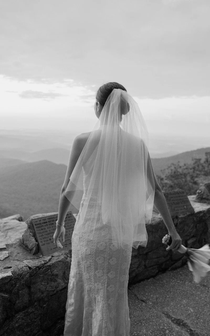 Black and white photo of a bride standing on a mountaintop, facing away, wearing a wedding dress and veil, with mountains and sky in the background.
