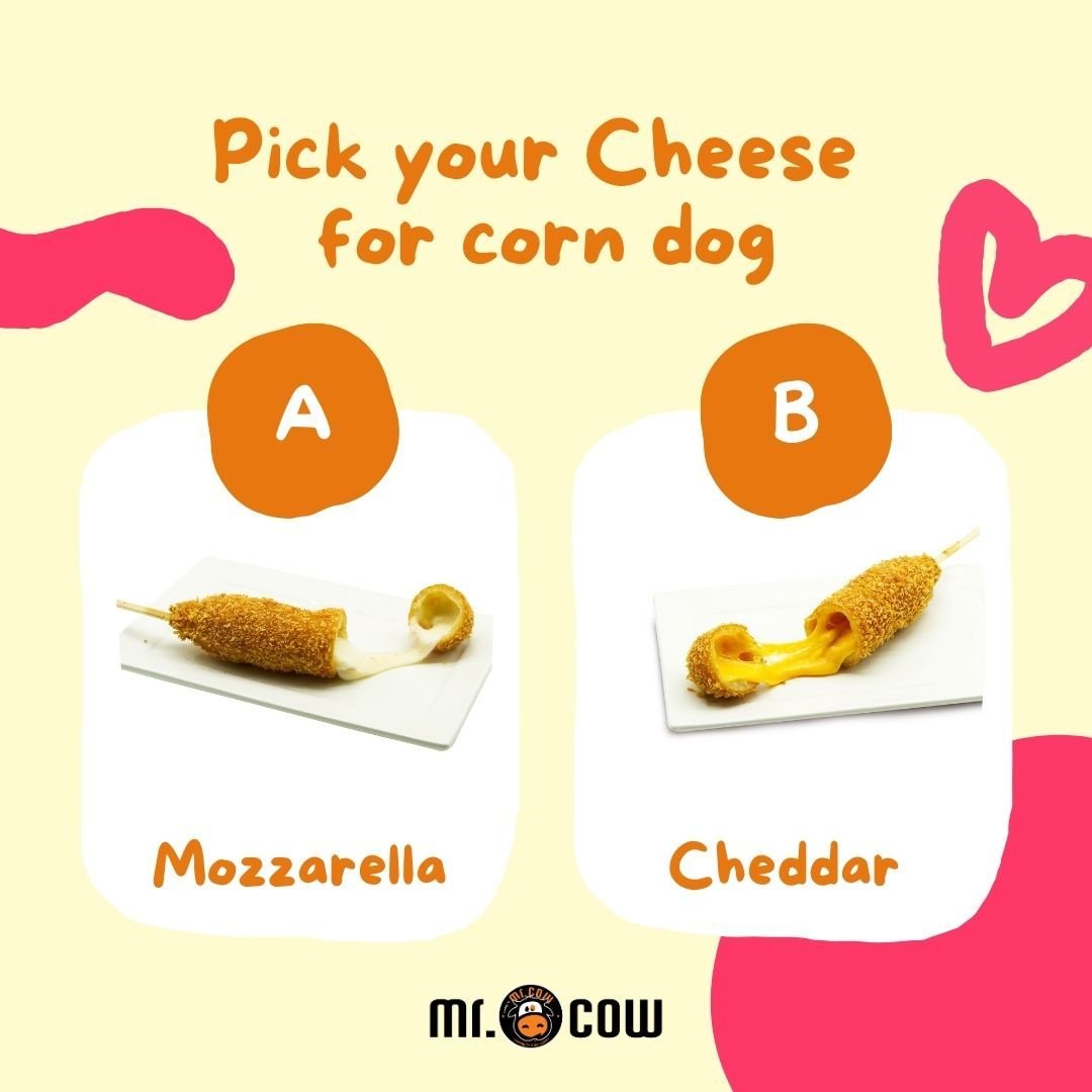 🌭🧀 Decisions, decisions! Our corn dogs come with a delicious dilemma: Mozzarella or Cheddar? Which ooey-gooey filling will you choose to fill your craving today? Let us know in the comments! 😋🧀

#mrcowcorndog #mrcow #koreanCorndogs #FoodieGram #s