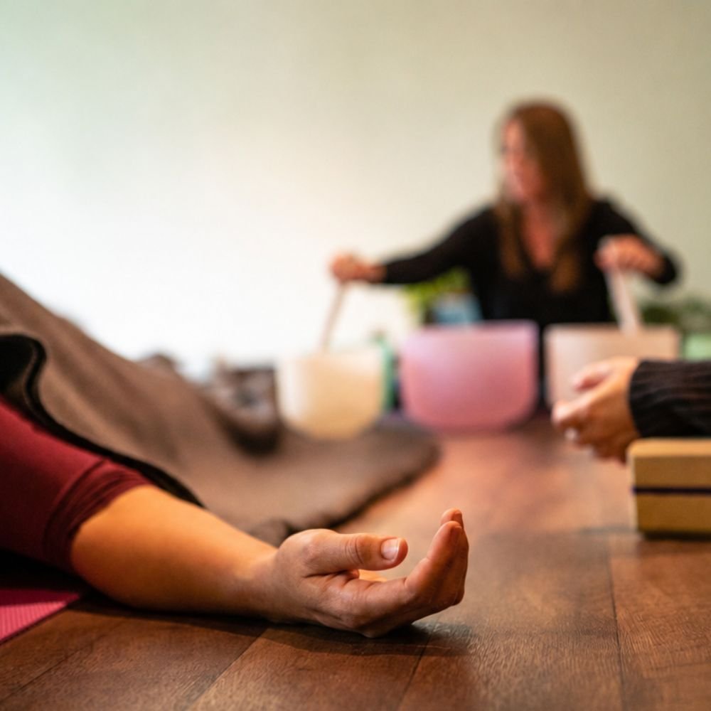 close up of a womans hand as she rests in a sound bath