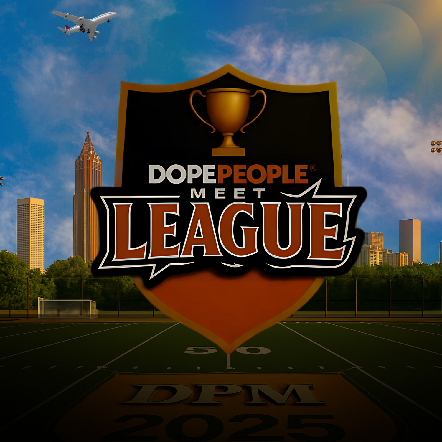 Logo for 'Dope People Meet League' in front of a cityscape with buildings and a football field, with an airplane flying overhead in a partly cloudy sky.