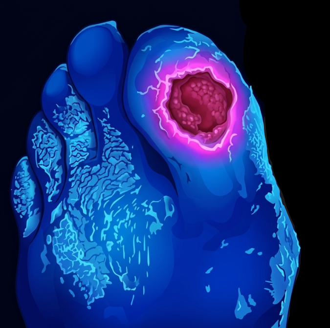 ai generated graphic of snapshotGLO image and fluorescence on the toe ulcer