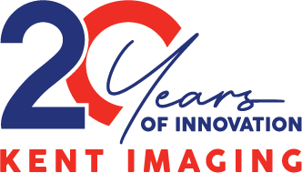 blue and red logo stating 20 years of innovation kent imaging