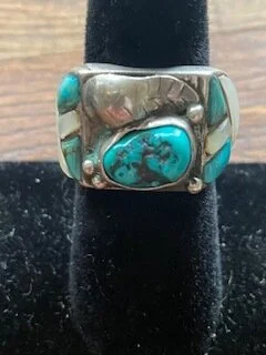 Chunk Turquoise and Mother of Pearl Sterling Silver Size 9 1/2 Ring