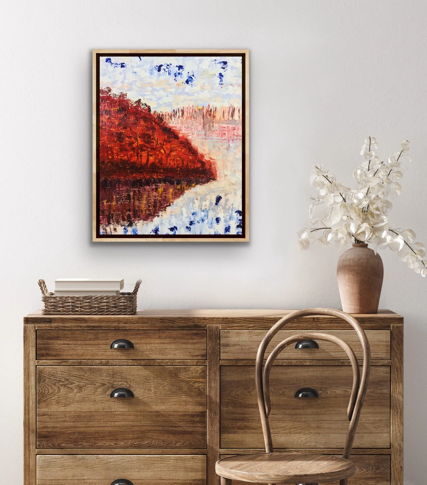 Abstract painting of a forest settlement under a vivid autumn sunset, with warm gold and amber tones
