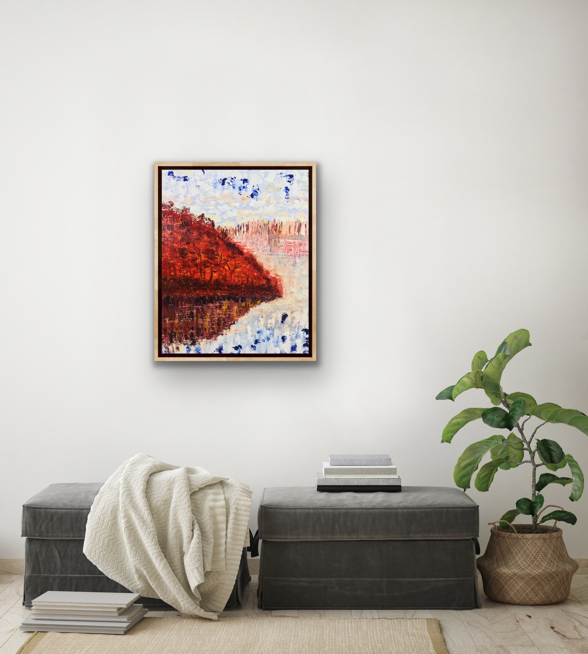 Abstract painting of a forest settlement under a vivid autumn sunset, with warm gold and amber tones