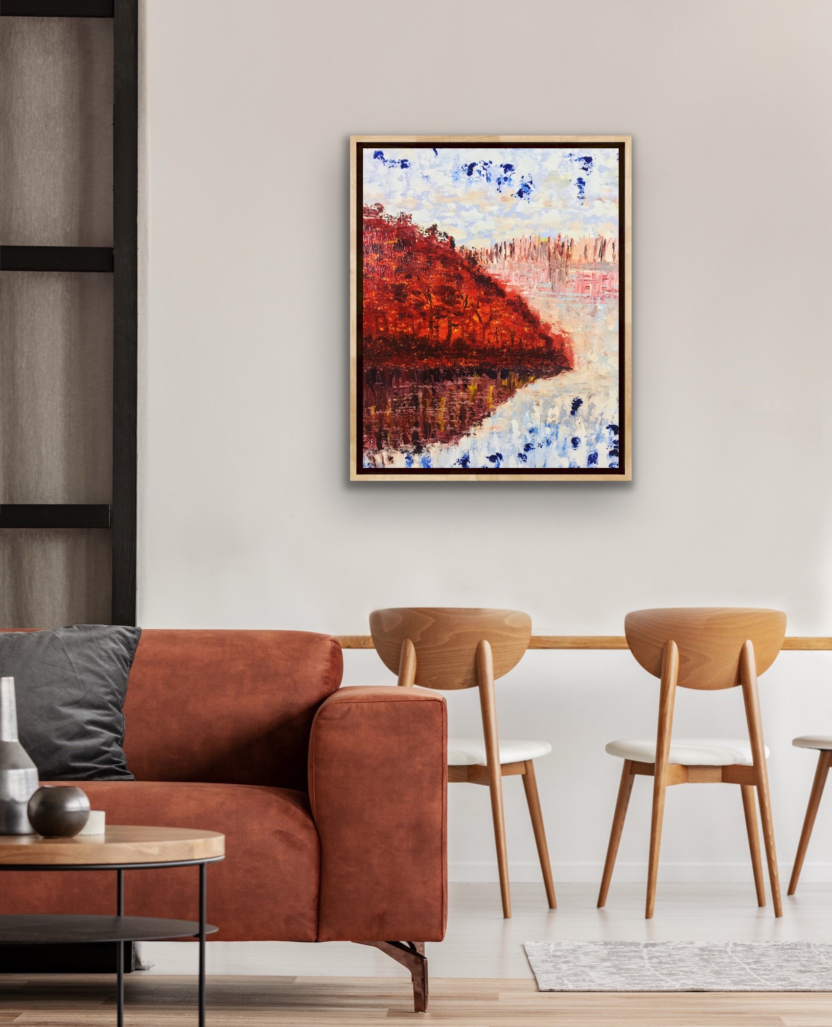 Abstract painting of a forest settlement under a vivid autumn sunset, with warm gold and amber tones