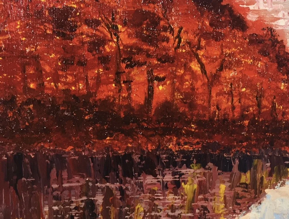 Abstract painting of a forest settlement under a vivid autumn sunset, with warm gold and amber tones
