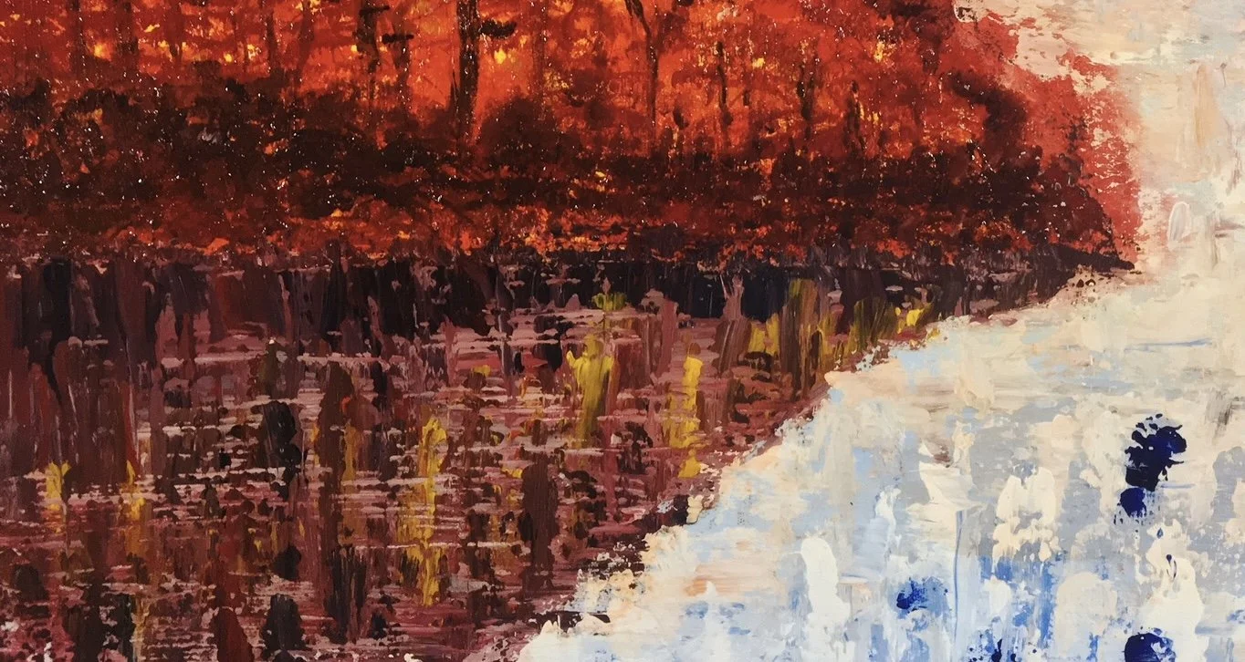 Abstract painting of a forest settlement under a vivid autumn sunset, with warm gold and amber tones
