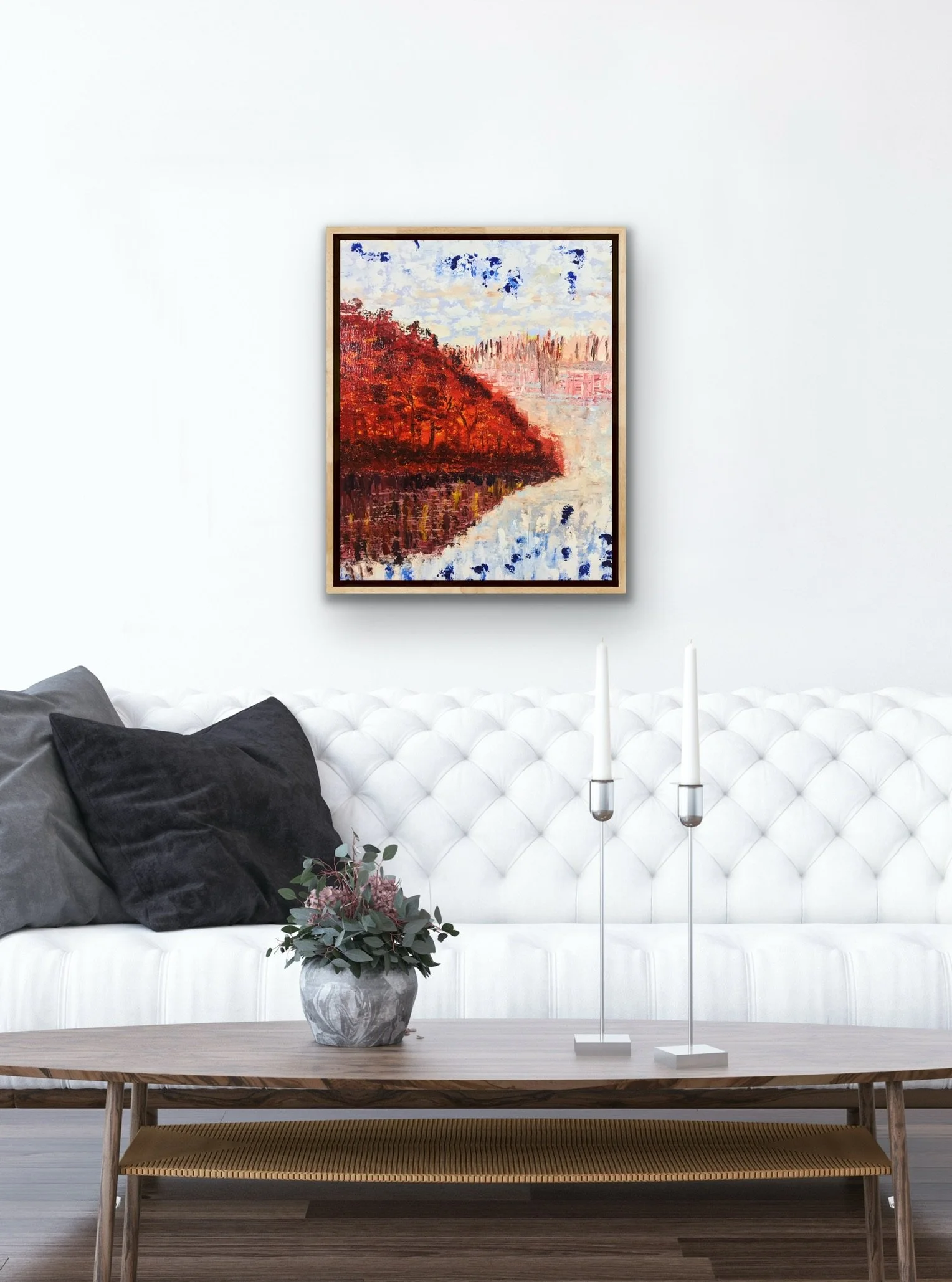 Abstract painting of a forest settlement under a vivid autumn sunset, with warm gold and amber tones