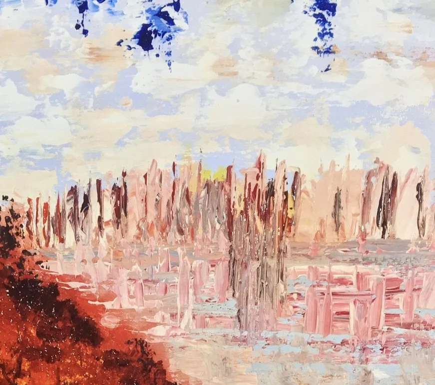 Abstract painting of a forest settlement under a vivid autumn sunset, with warm gold and amber tones