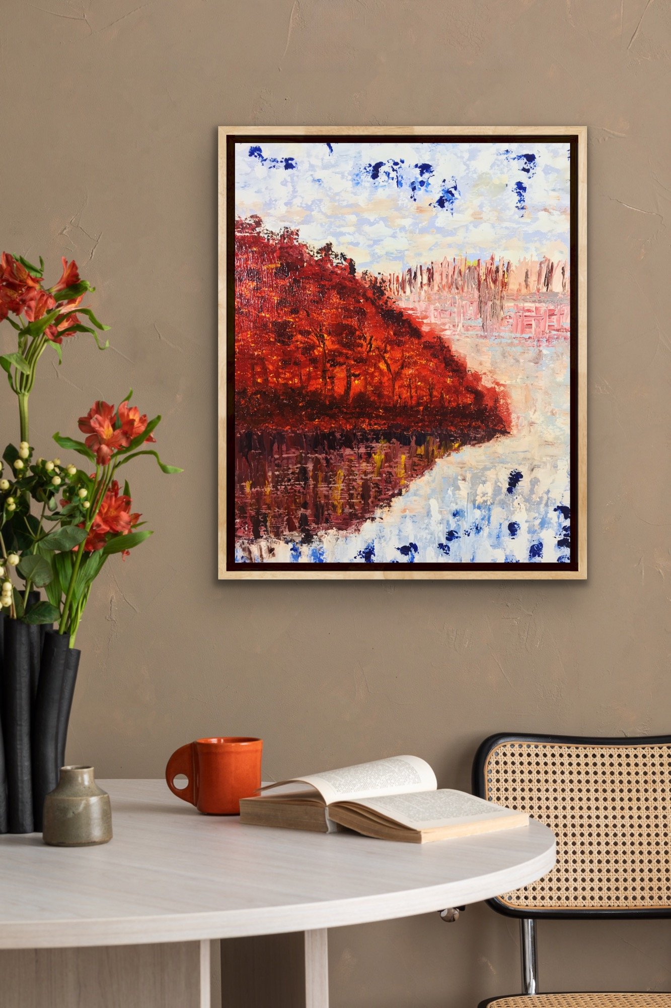 Abstract painting of a forest settlement under a vivid autumn sunset, with warm gold and amber tones