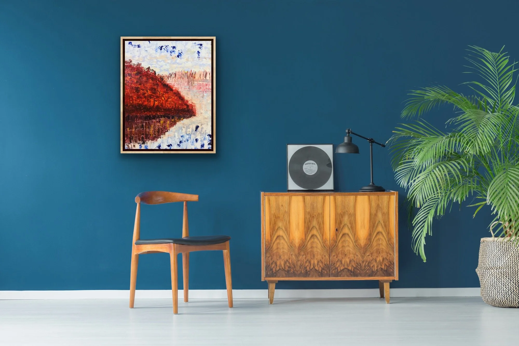 Abstract painting of a forest settlement under a vivid autumn sunset, with warm gold and amber tones
