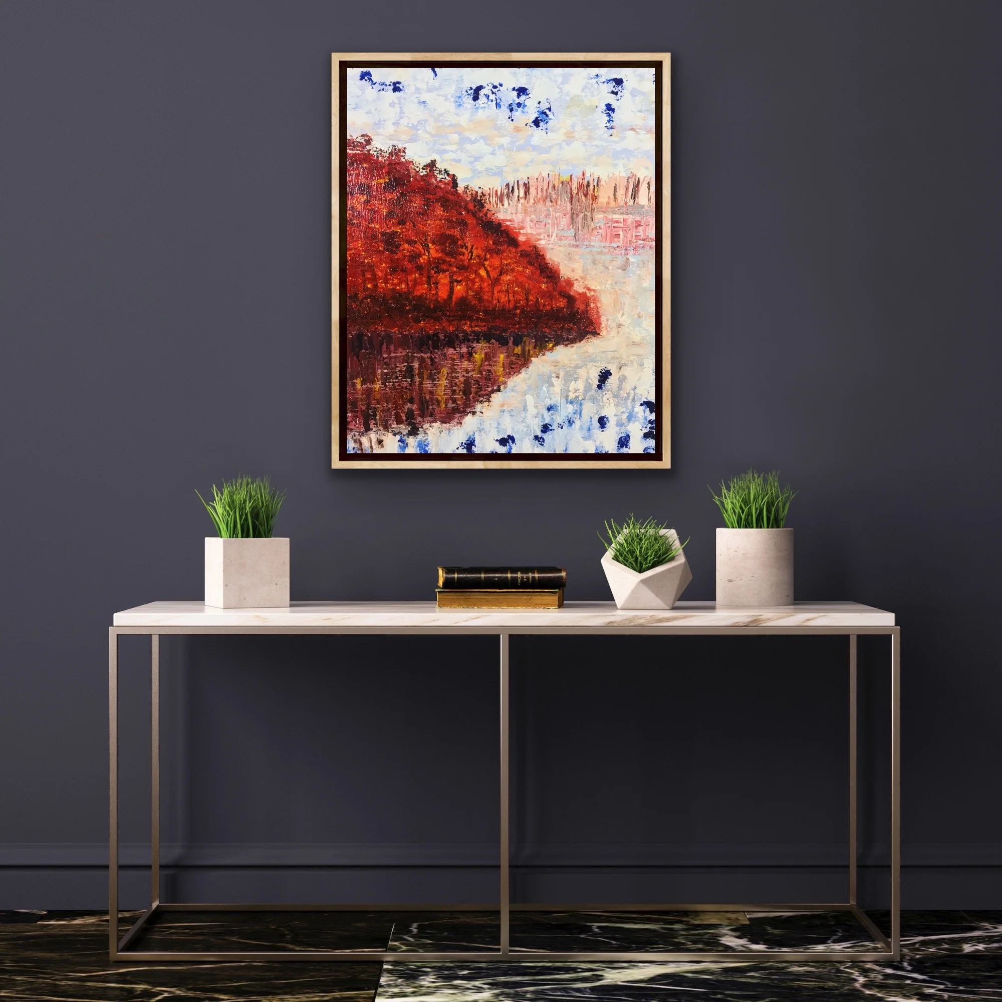 Abstract painting of a forest settlement under a vivid autumn sunset, with warm gold and amber tones