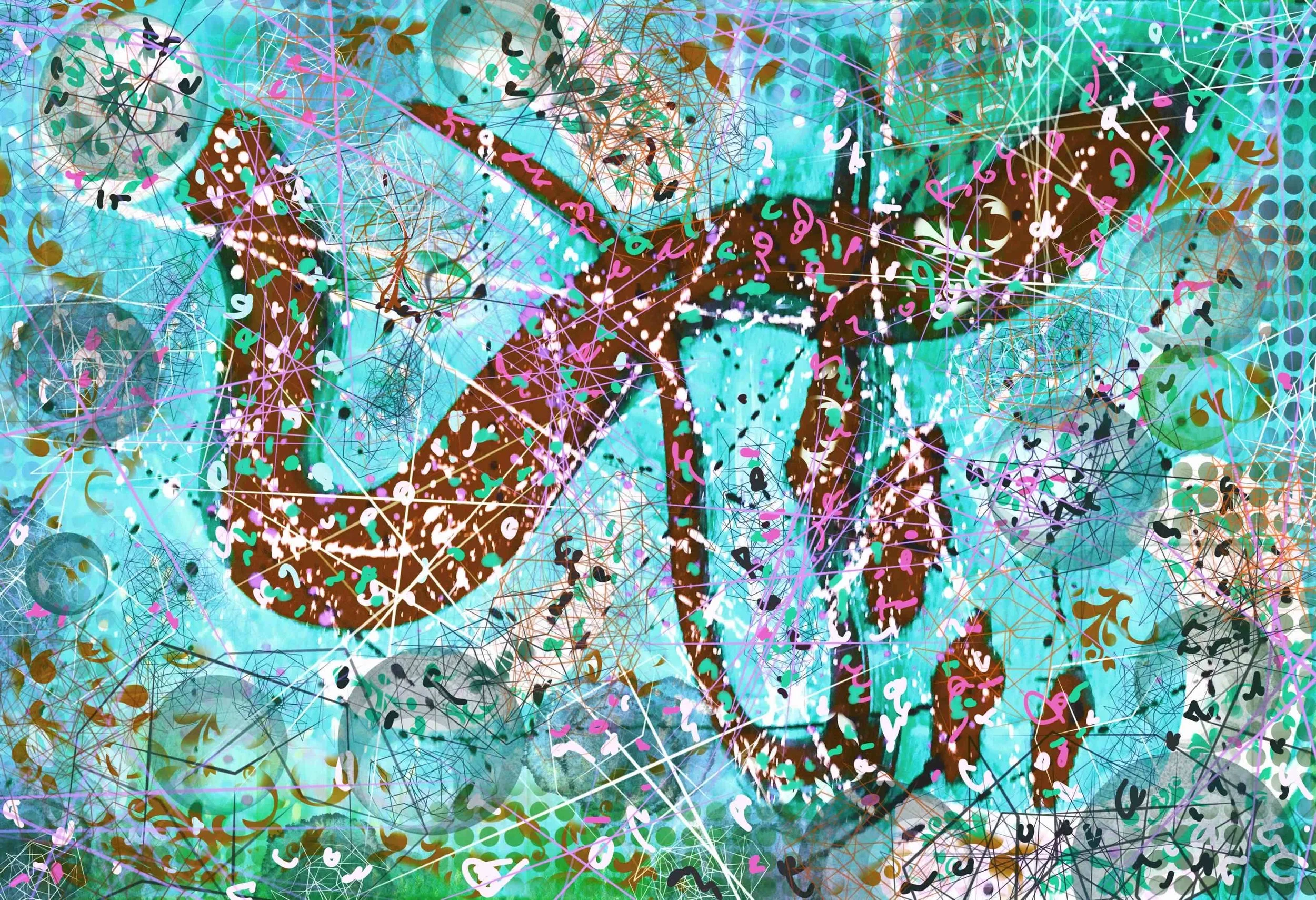 Colorful and abstract digital artwork with vibrant shades of blue, pink, and brown, featuring intertwined lines, dots, and shapes creating a chaotic, layered composition.