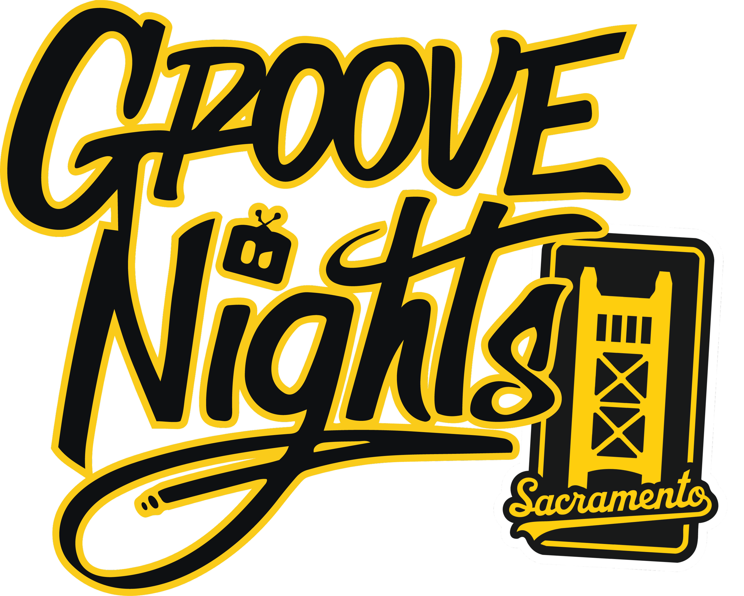 Neon sign with the words 'Choose Night' in black and yellow, with a drawing of a bridge labeled 'Sacramento' on the bottom right.