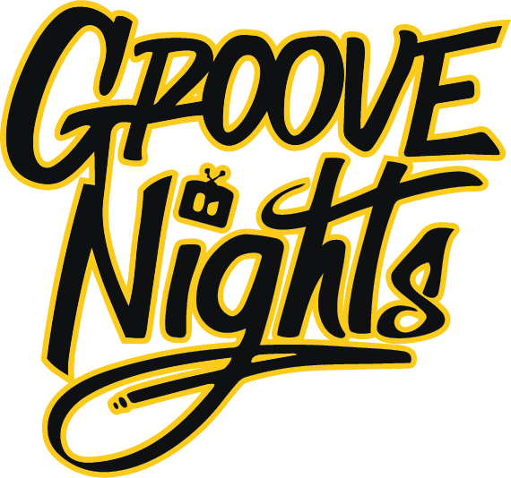 Logo with the text 'GROOVE NIGHTS' in black and yellow, stylized with a retro, energetic design.