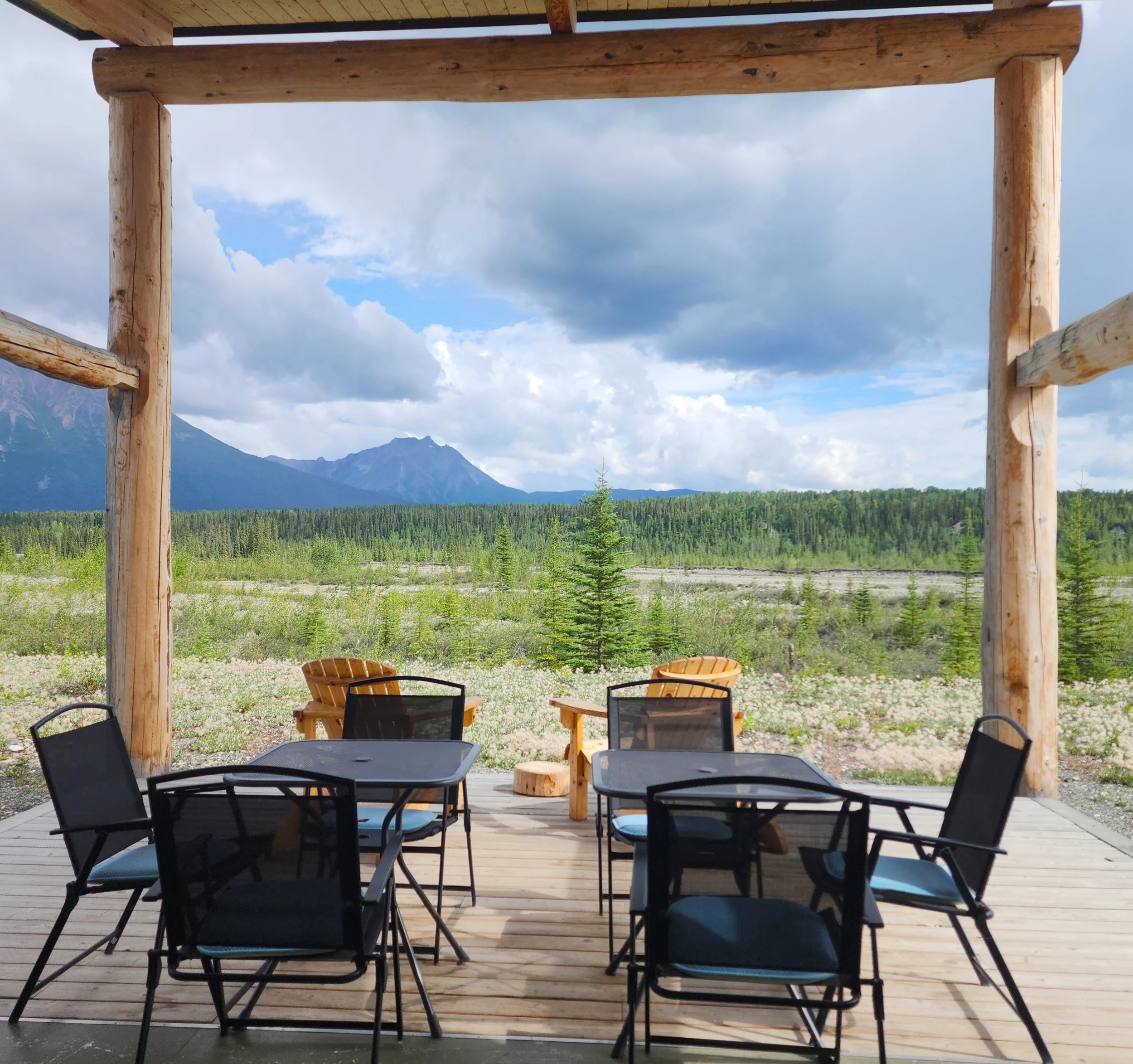 Standing on the Pavilion deck looking out at the mountain and river valley views.