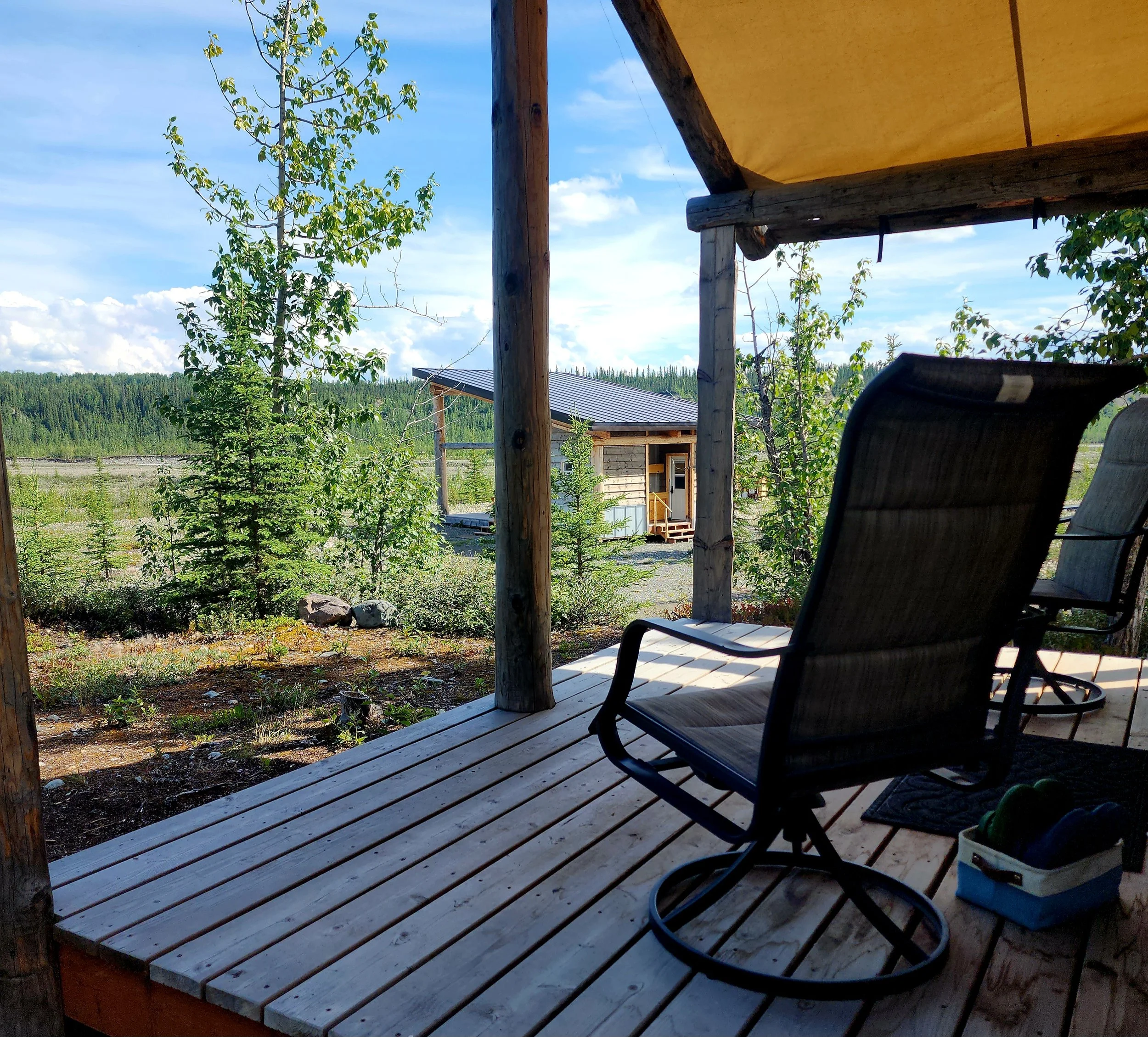 T1-Dryas Camp looking over down at the Pavilion and bank of the Kennicott River.