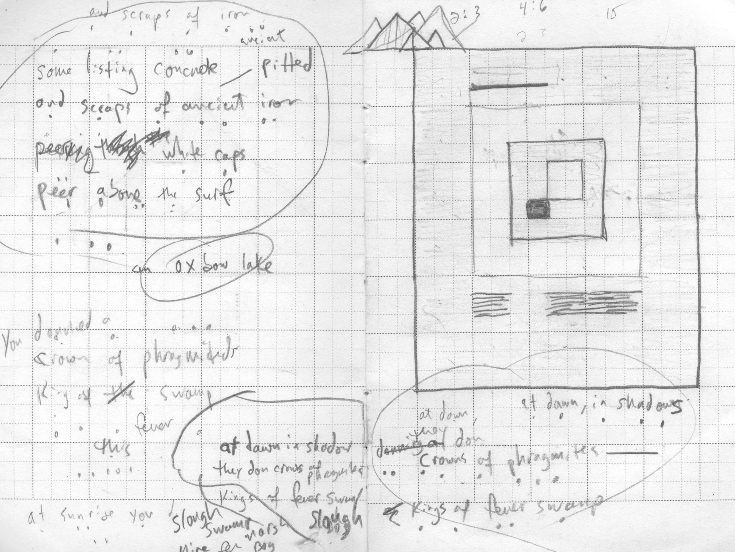 Sketch of a scene with a pond, mountains, and handwritten notes about frogs, lily pads, and jumping frogs. The drawing includes a pond with lily pads and a central square with markings, surrounded by notes about frogs and nature.
