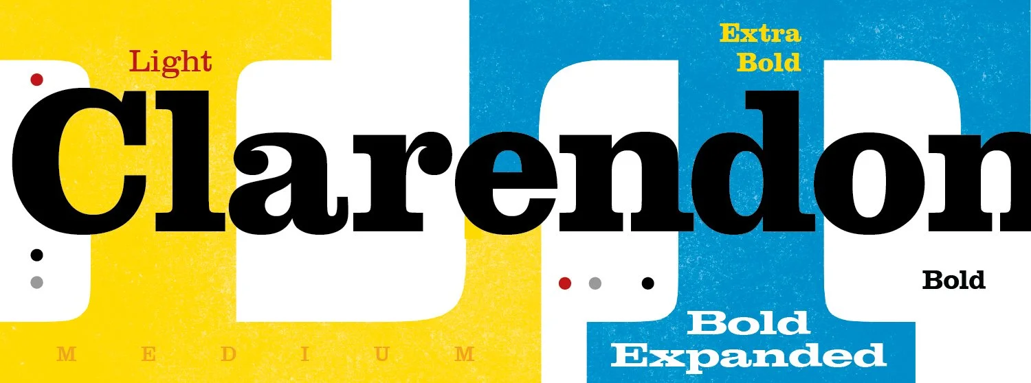 Colorful text graphic showing different font styles and sizes of the word "Clarendon" with background colors yellow and blue.