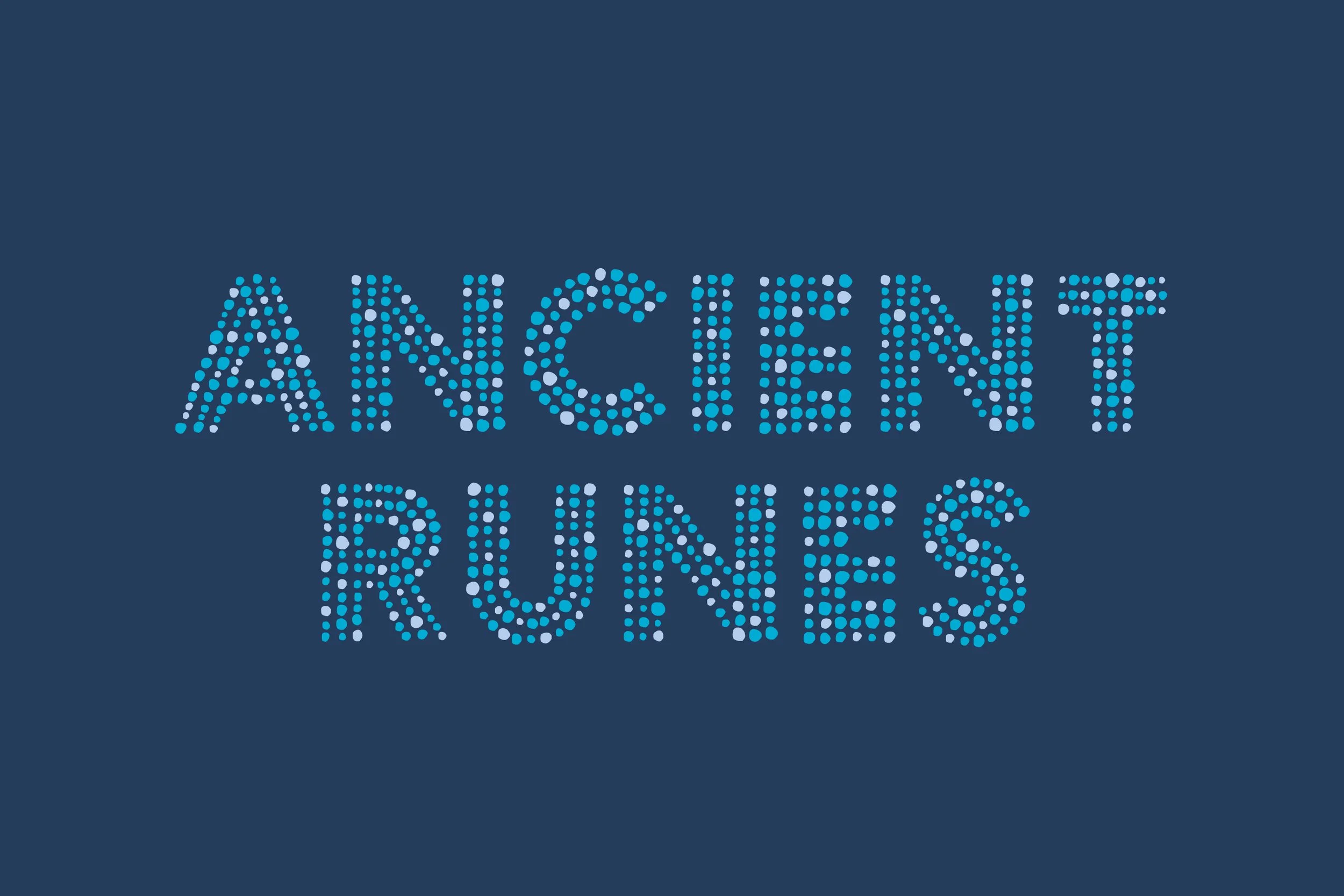Digital text reading 'Ancient Runes' in blue and white dots on a dark background.