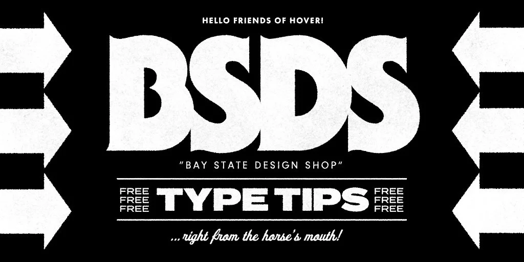 Black and white vintage advertisement for Bay State Design Shop with large bold letters 'BDS', and text offering free typography tips, with missing arrows on the sides and a tagline about horse's mouth.