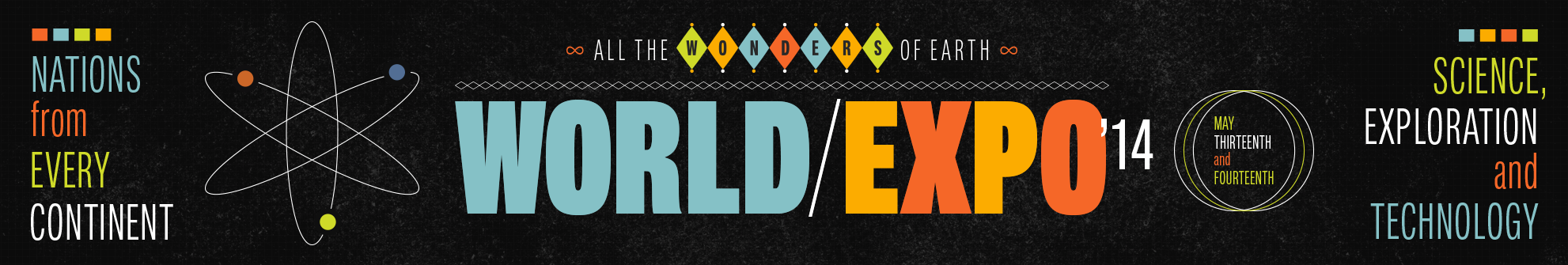 Design poster for the 2014 World Expo featuring science, technology, exploration, and nation themes. The poster has a black background with colorful text and graphics, including atomic models and geometric shapes.