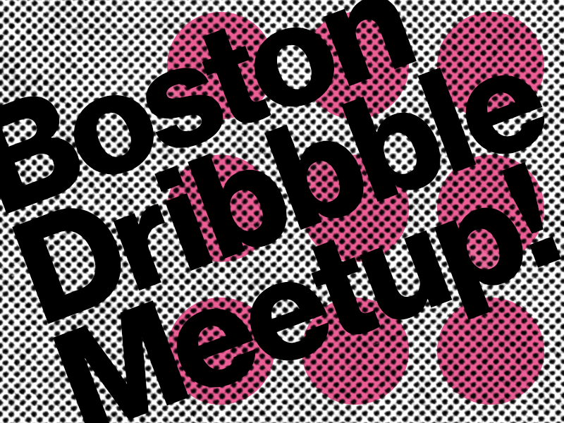 Graphic with the message 'Stop Dripping! Meetup!' in bold black text, over a background of pink circles on a black and white dotted pattern.