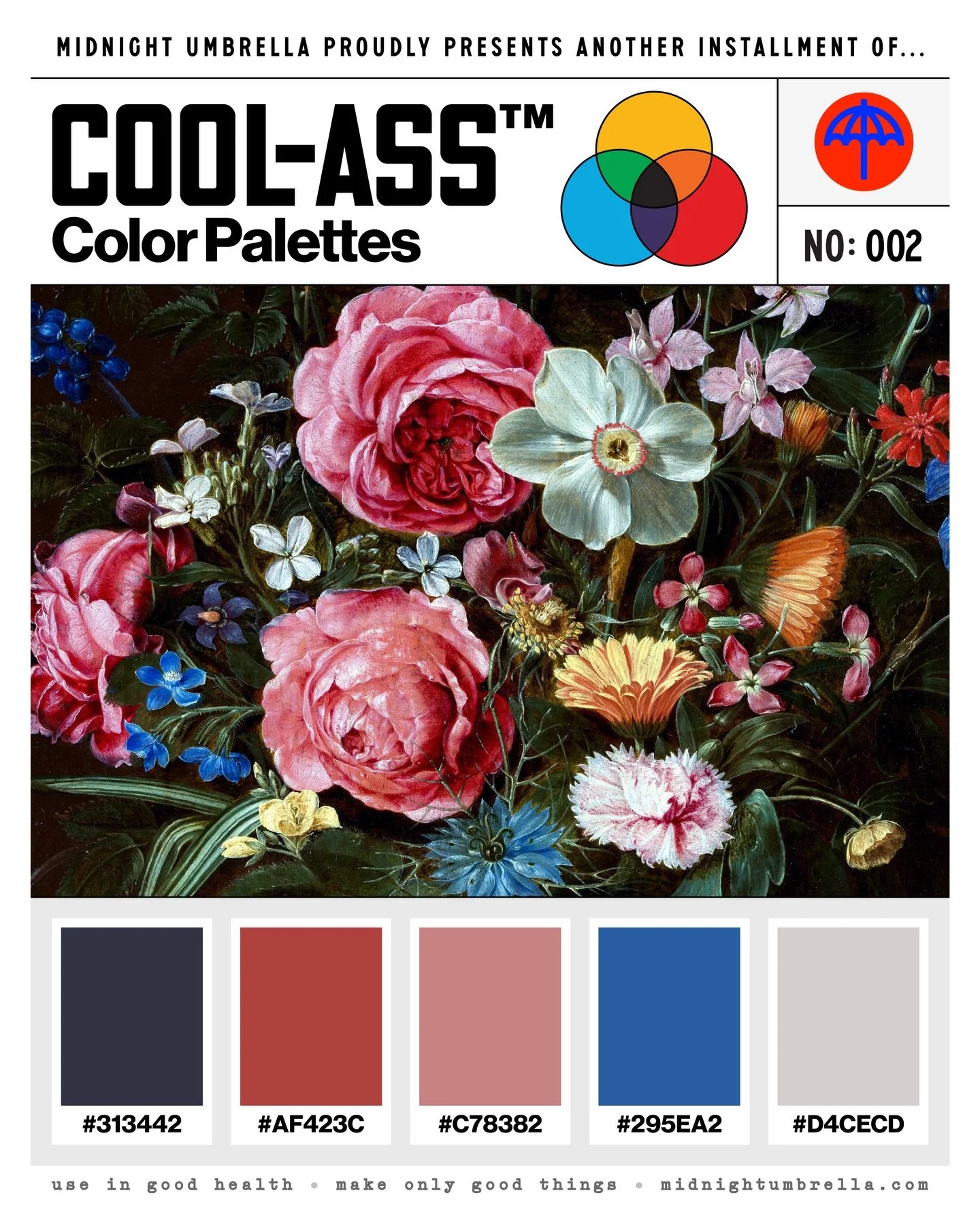 Well how&rsquo;s about that, it&rsquo;s 🎨 COOL-ASS&trade; COLOR PALETTE No. 002, from:

A Bouquet of Flowers (ca. 1612)
Clara Peeters
(Flemish, Mechelen ca. 1587&ndash;after 1636 Ghent)

Palette notes:

313442 &mdash; midnight slate
AF423C &mdash; b