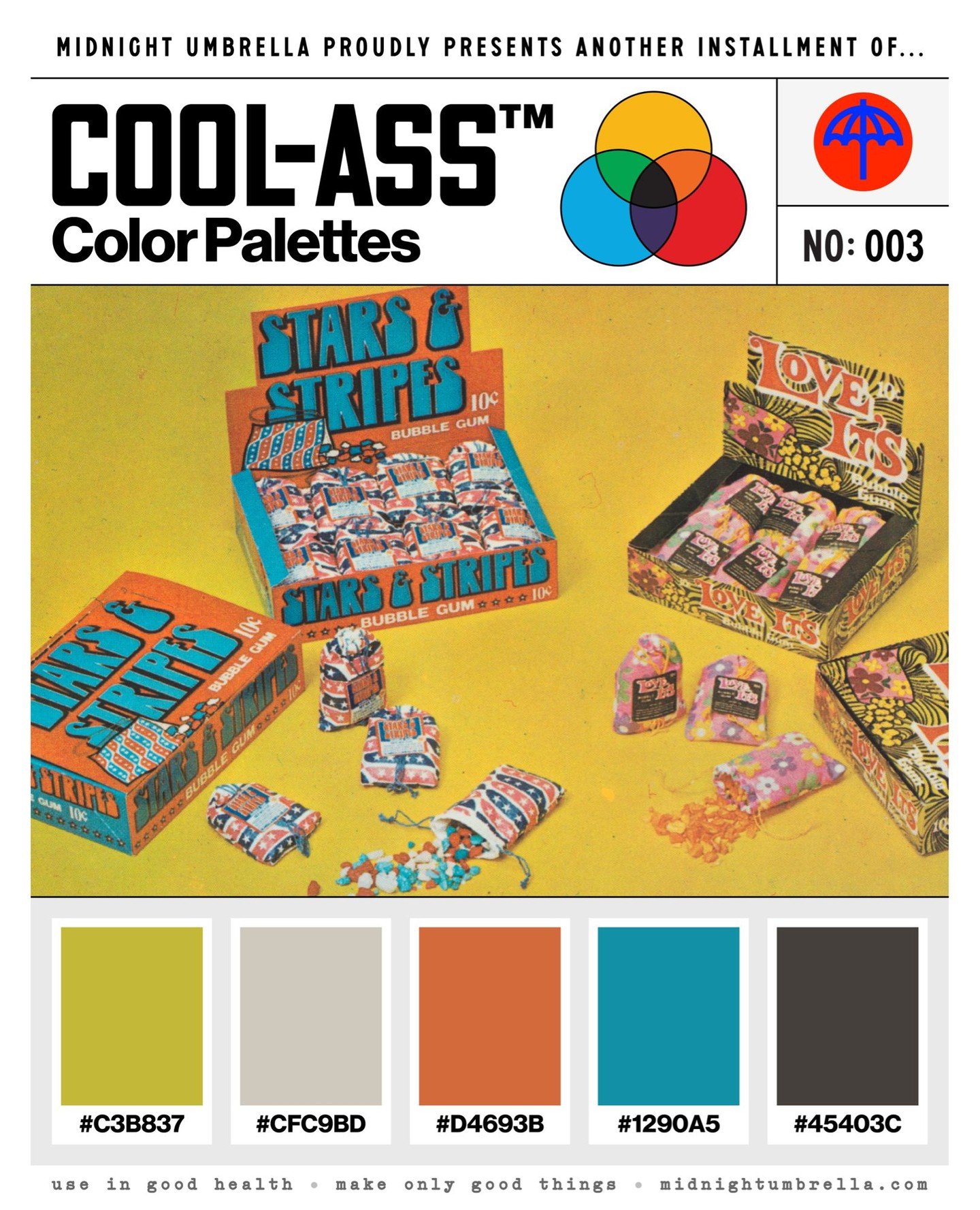 Holy crow, you better believe that it&rsquo;s time for another episode! Here&rsquo;s 🎨 COOL-ASS&trade; COLOR PALETTE No. 003, from:

10 Cent Bagged Chewing Gum, Sensation of the Year! (ca. 1960&ndash;1979)
The Donruss Company
Memphis, Tennessee

Pal