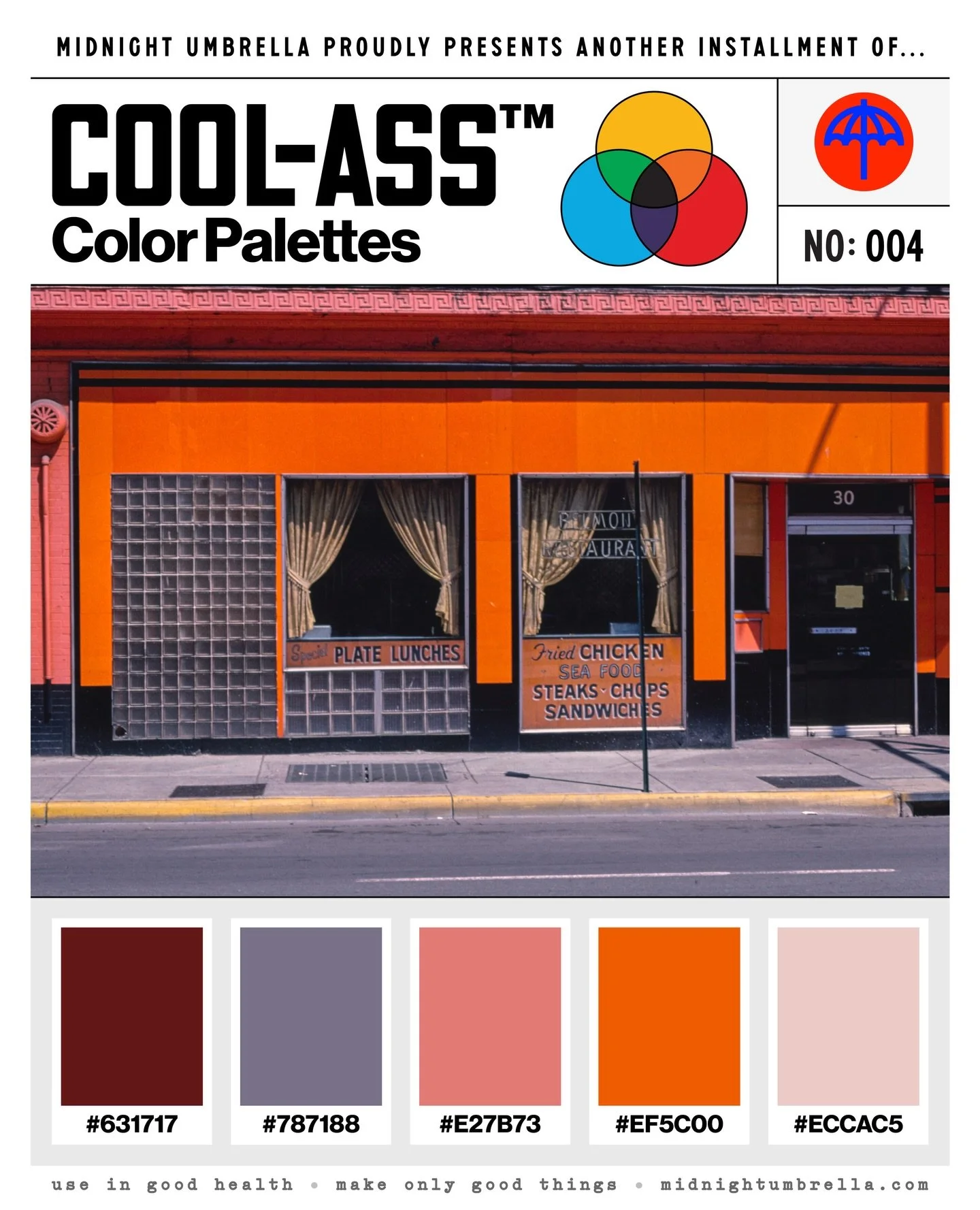 Well holy crow! You better believe that it&rsquo;s 🎨 COOL-ASS&trade; COLOR PALETTE No. 004, from:

Belmont Restaurant, 30 Church Avenue Southeast, Roanoke, Virginia (1982)
Photograph by John Margolies
Library of Congress Prints &amp; Photographs (Ro