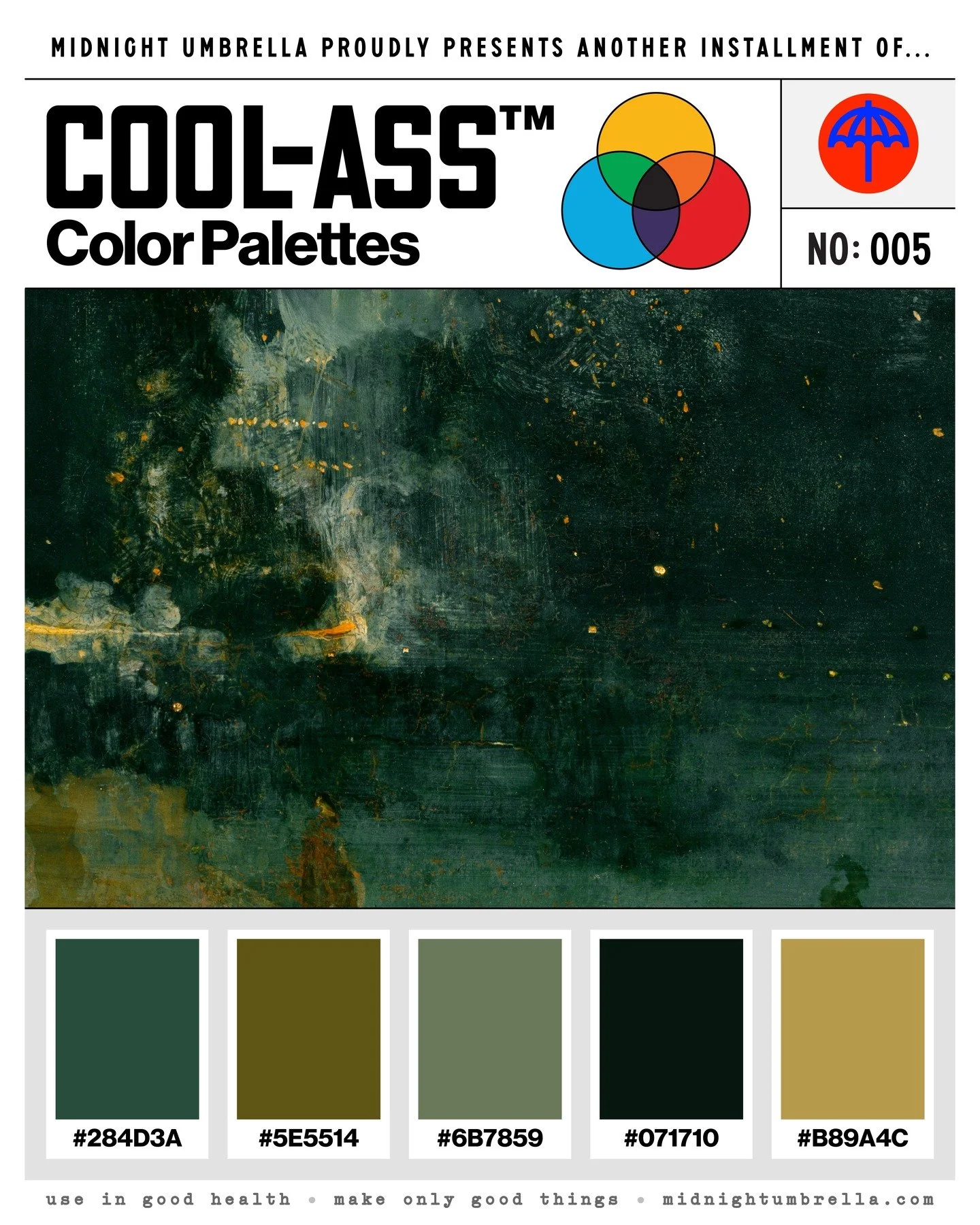 Well how&rsquo;s about that, it&rsquo;s Friday which means it&rsquo;s time for 🎨 COOL-ASS&trade; COLOR PALETTE No. 005, from:

Nocturne: Black and Gold&mdash;The Falling Rocket (1875)
James McNeill Whistler
American (1834&ndash;1903)

Palette notes: