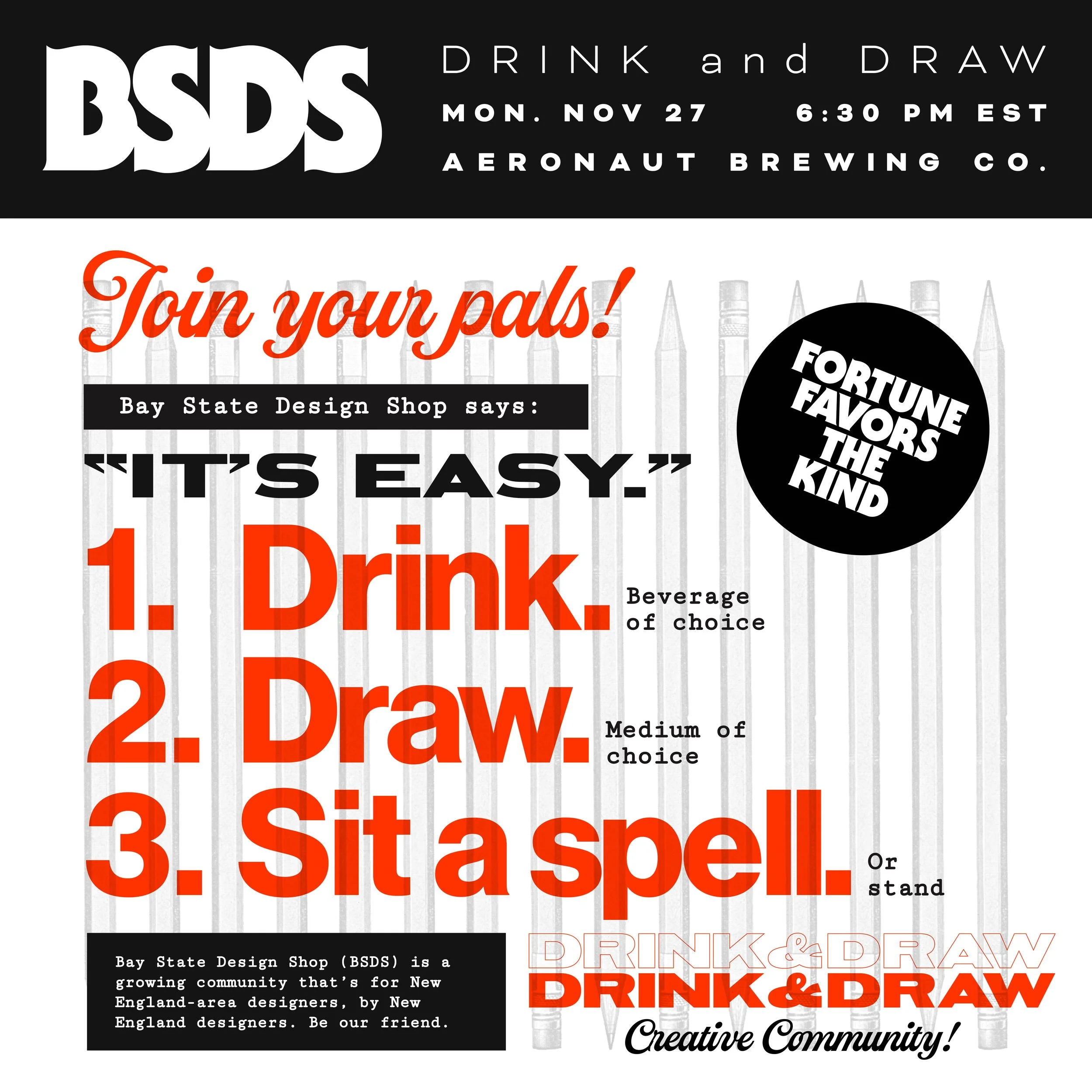 Flyer for a brewpub event at Aeronaut Brewing Co., scheduled for Monday, November 27 at 6:30 PM EST, inviting people to join for a drink and draw activity. The flyer highlights the theme of easy, social fun, with advice from the Bay State Design Shop