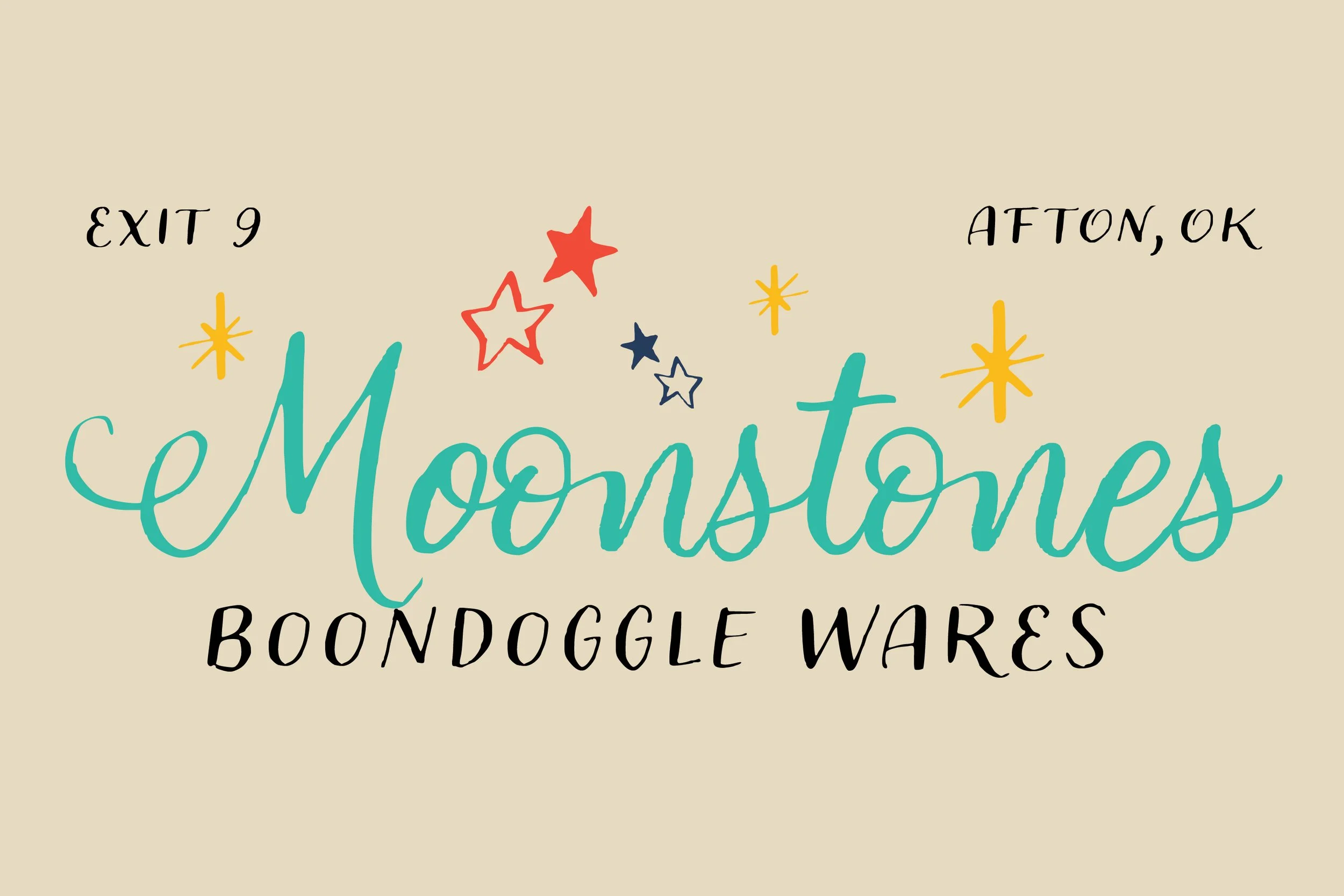 A digital illustration of a logo for 'Moonstones: Boondoggle Wares' featuring colorful stars and text reading 'EXIT 9' and 'Afton, OK' on a beige background.