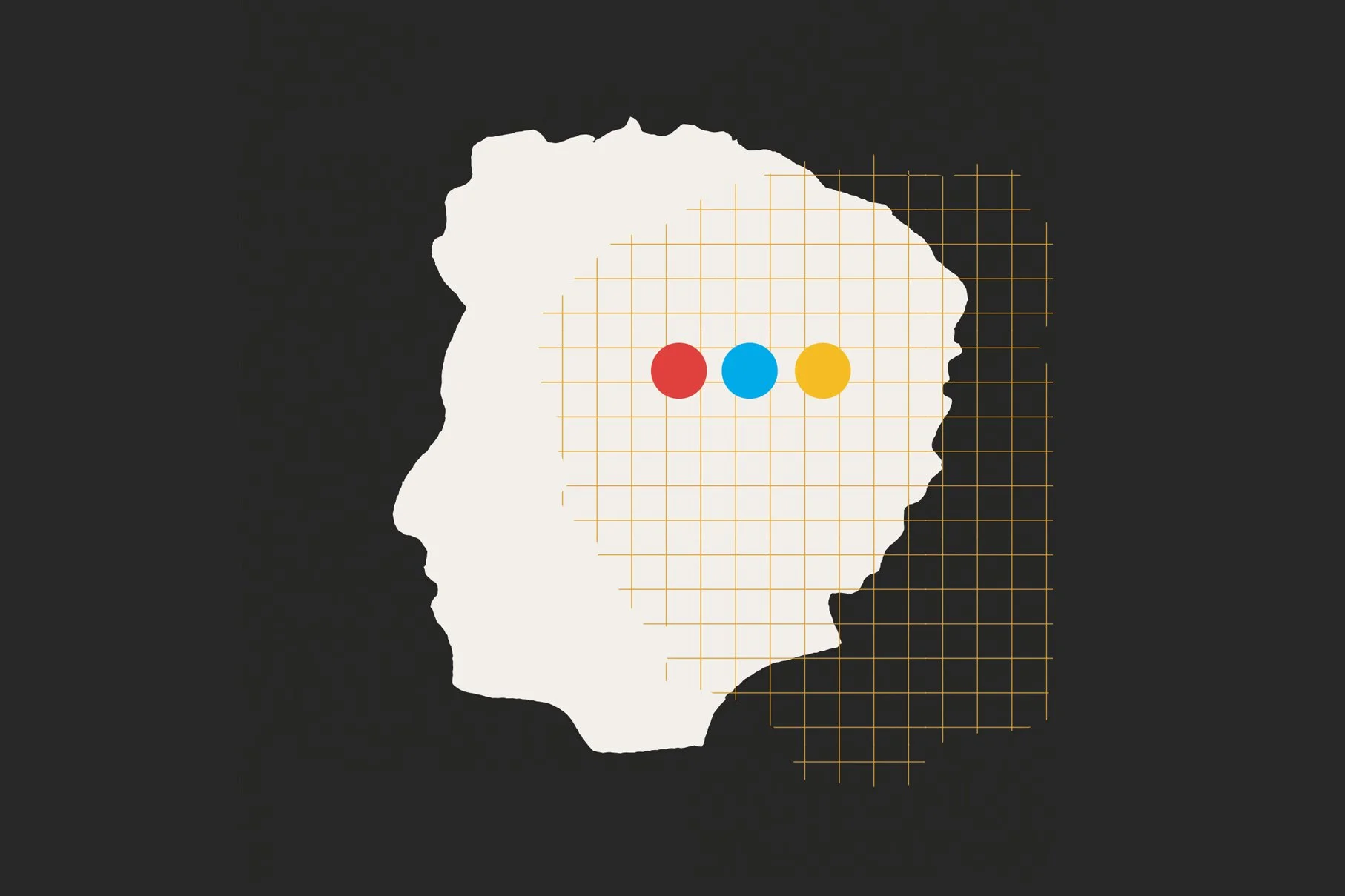 Profile silhouette of a child's head in white against a dark background, with a gold grid overlay and three colored dots (red, blue, yellow) in the eye area.