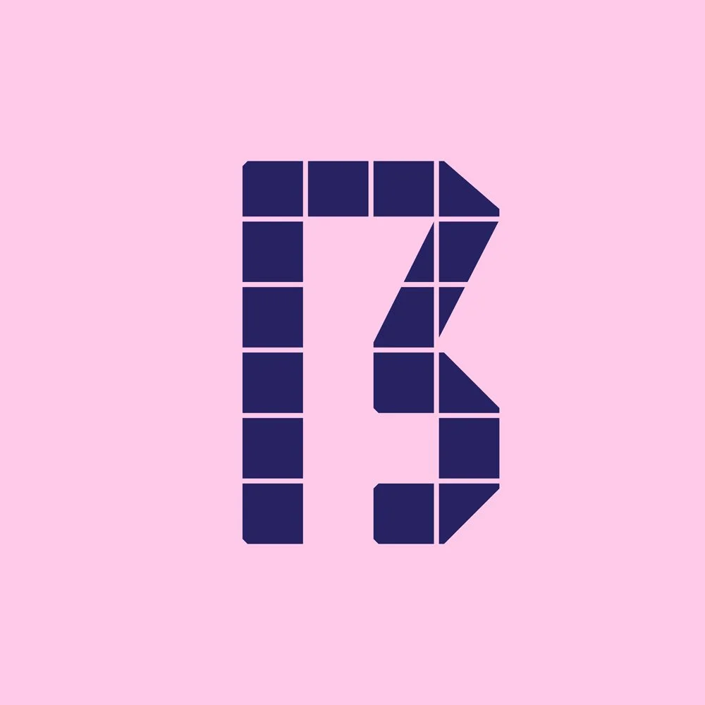 Stylized letter 'K' made of purple rectangular and triangular shapes on a pink background.