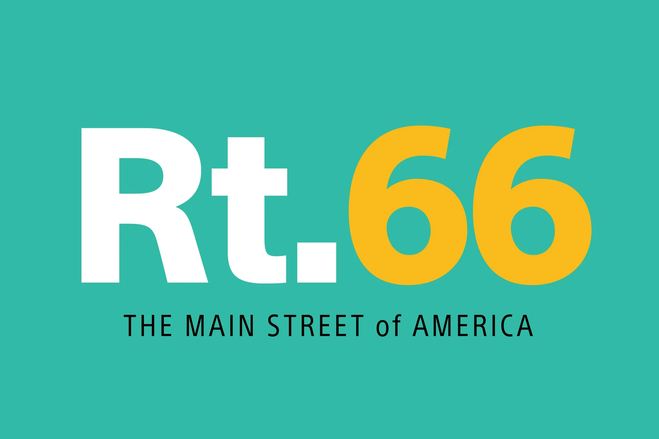 Logo for RT-66, featuring large white 'Rt' and yellow '66' on teal background with 'The Main Street of America' subtitle.