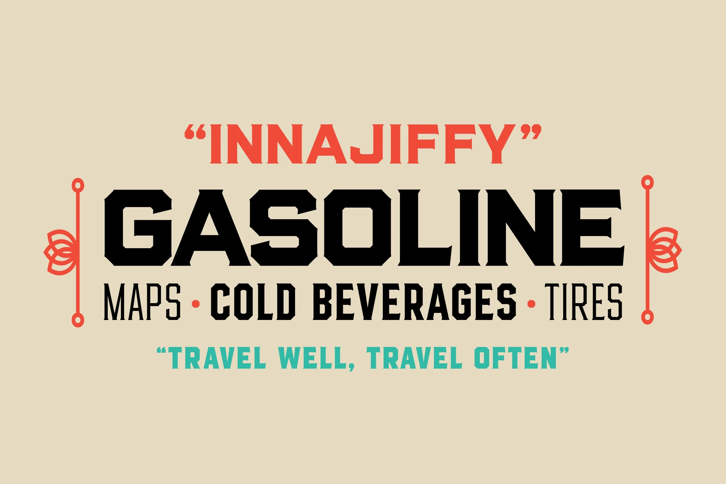 Vintage sign for Inna Jiffy gas station, advertising maps, cold beverages, and tires, with a quote 'Travel well, travel often'.