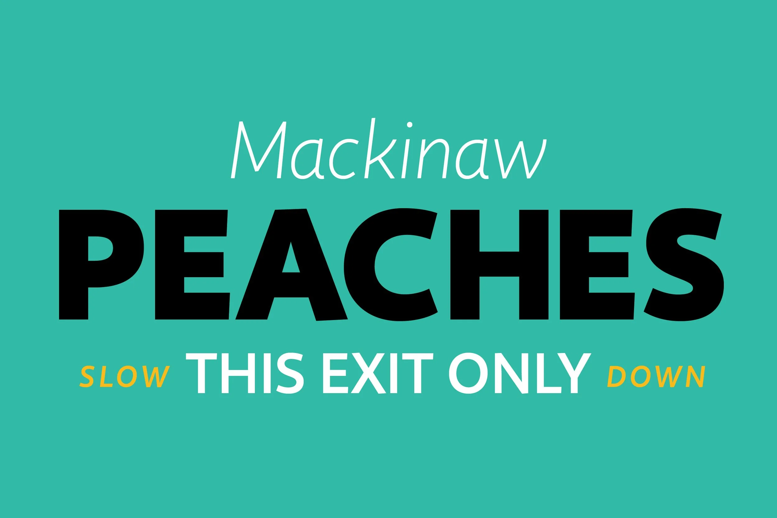 Sign with teal background reading 'Mackinaw PEACHES' in large black letters, with smaller white letters 'THIS EXIT ONLY' and yellow words 'SLOW' and 'DOWN'.