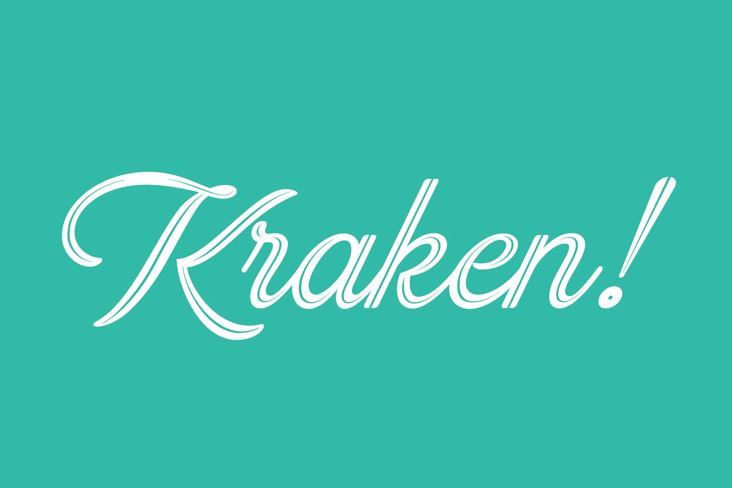 The word 'Kraken!' written in white cursive font on a teal background.