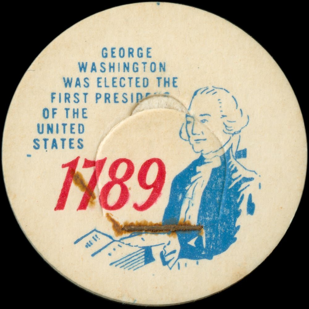 Illustration of George Washington with text "George Washington was elected the first President of the United States - 1789" on a vintage circular card.