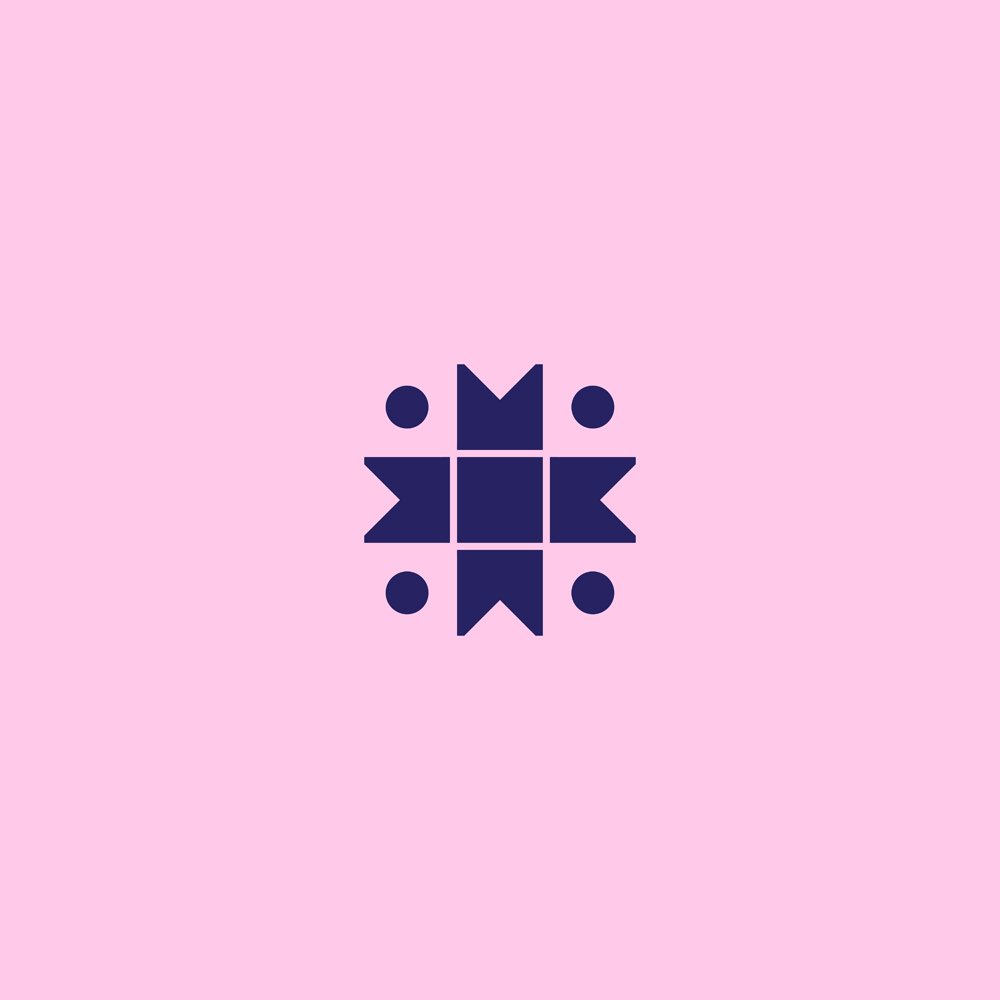 A dark blue geometric pattern centered on a light pink background.