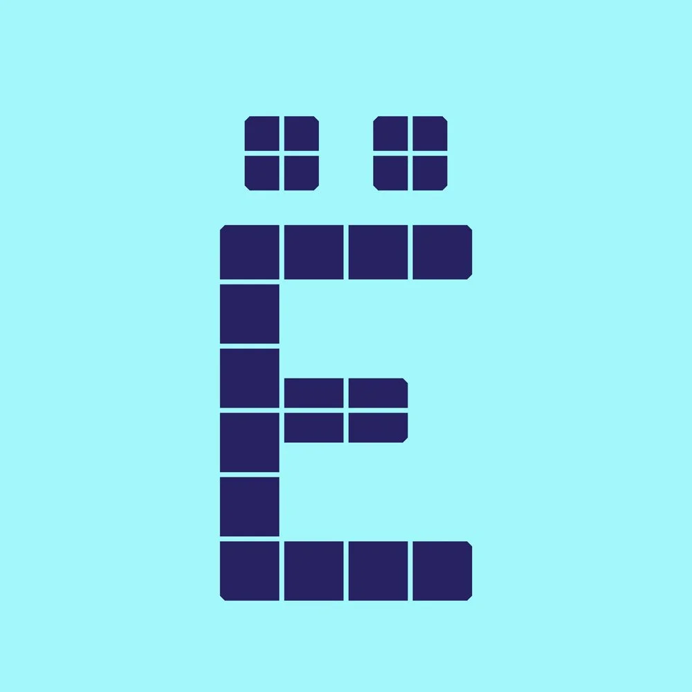 Pixelated design spelling out the word 'PEACE' in dark blue on a light blue background.