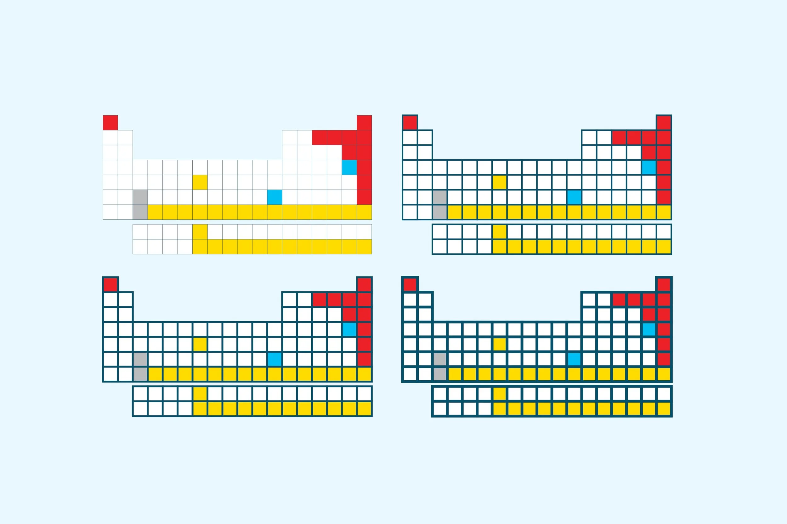 Four pixel art cross-stitch patterns of a smiling yellow bird with a red hat, blue glasses, and yellow beak, arranged on a light blue background.