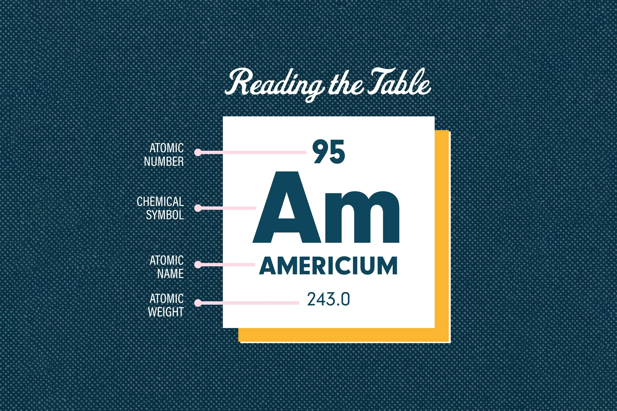 An infographic titled 'Reading the Table' showing information about the element Americium, including atomic number 95, chemical symbol 'Am', atomic weight 243.0, and atomic name 'Americium'.