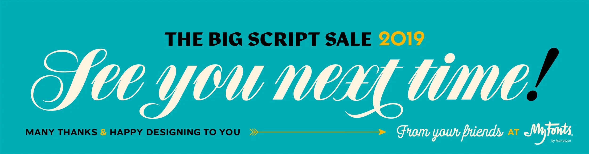 A promotional banner for the 2019 Big Script Sale by MPrints, thanking viewers and expressing appreciation for designing.