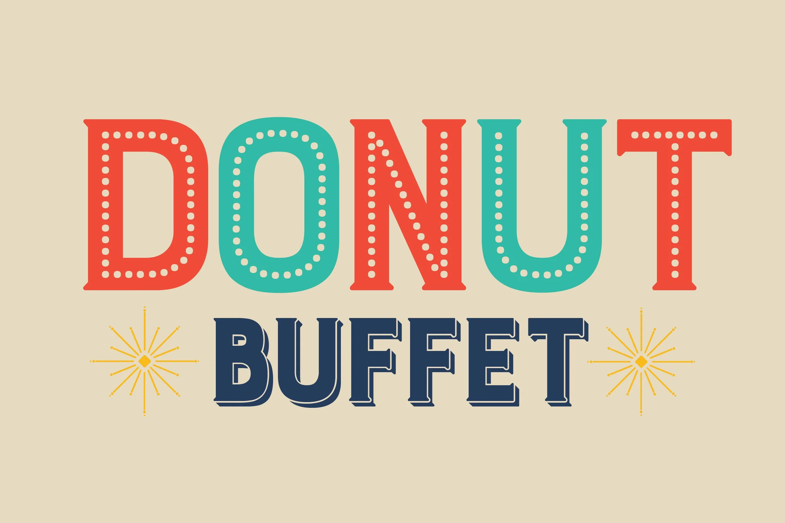 Text reading 'Donut Buffet' with decorative yellow bursts on a beige background.